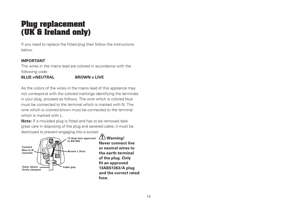 Plug replacement (uk & ireland only) | WORX WU434.1 1500W 190mm Circular Saw 240V User Manual | Page 14 / 16