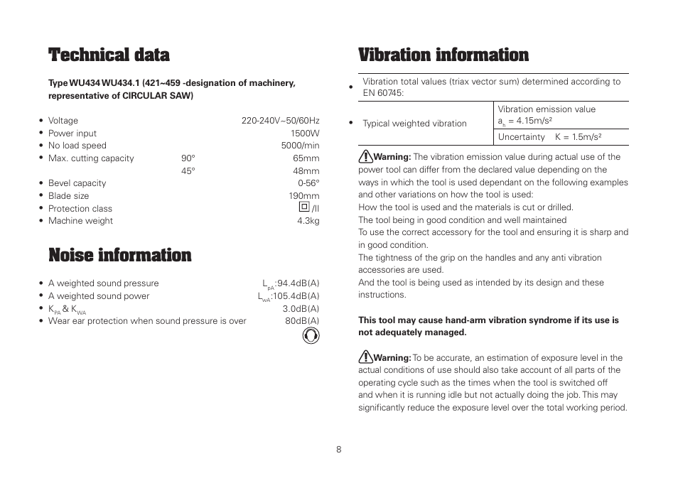 Technical data, Noise information, Vibration information | WORX WU434.1 1500W 190mm Circular Saw 240V User Manual | Page 8 / 16