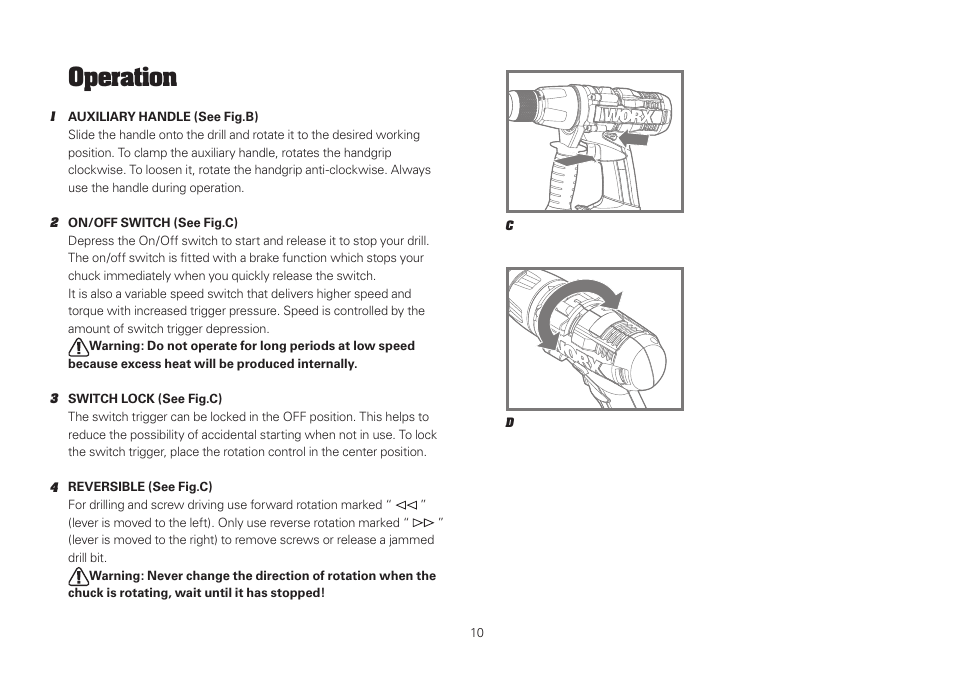 Operation | WORX WU370 18V 2.6 Ah Lithium Ion Cordless Hammer Drill User Manual | Page 10 / 16