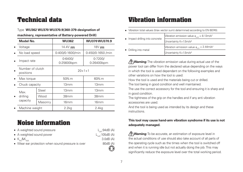 Technical data, Noise information, Vibration information | WORX WU370 18V 2.6 Ah Lithium Ion Cordless Hammer Drill User Manual | Page 7 / 16