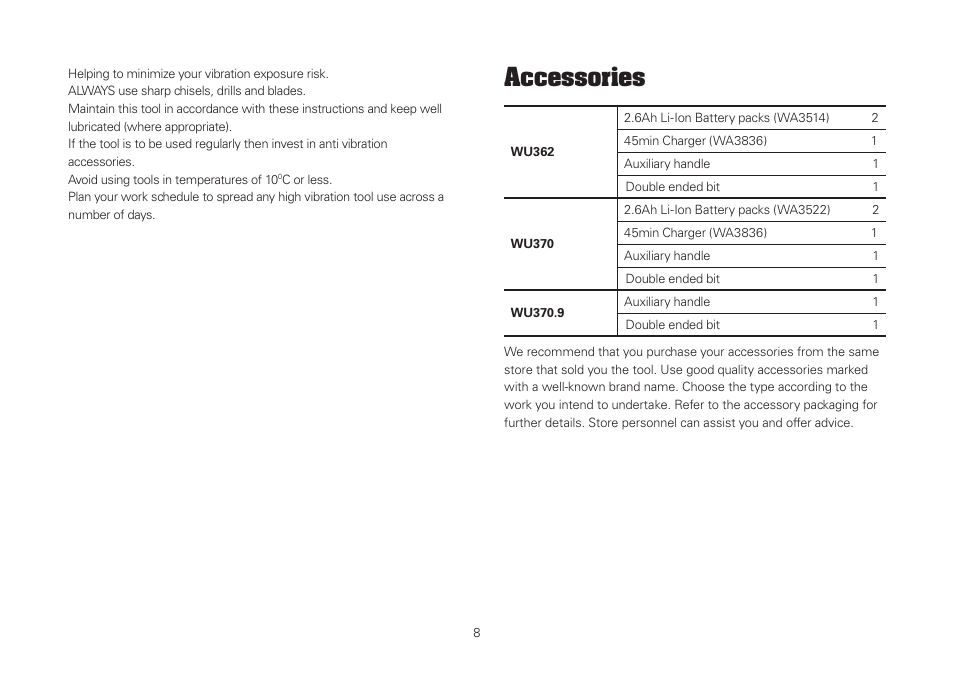 Accessories | WORX WU370 18V 2.6 Ah Lithium Ion Cordless Hammer Drill User Manual | Page 8 / 16