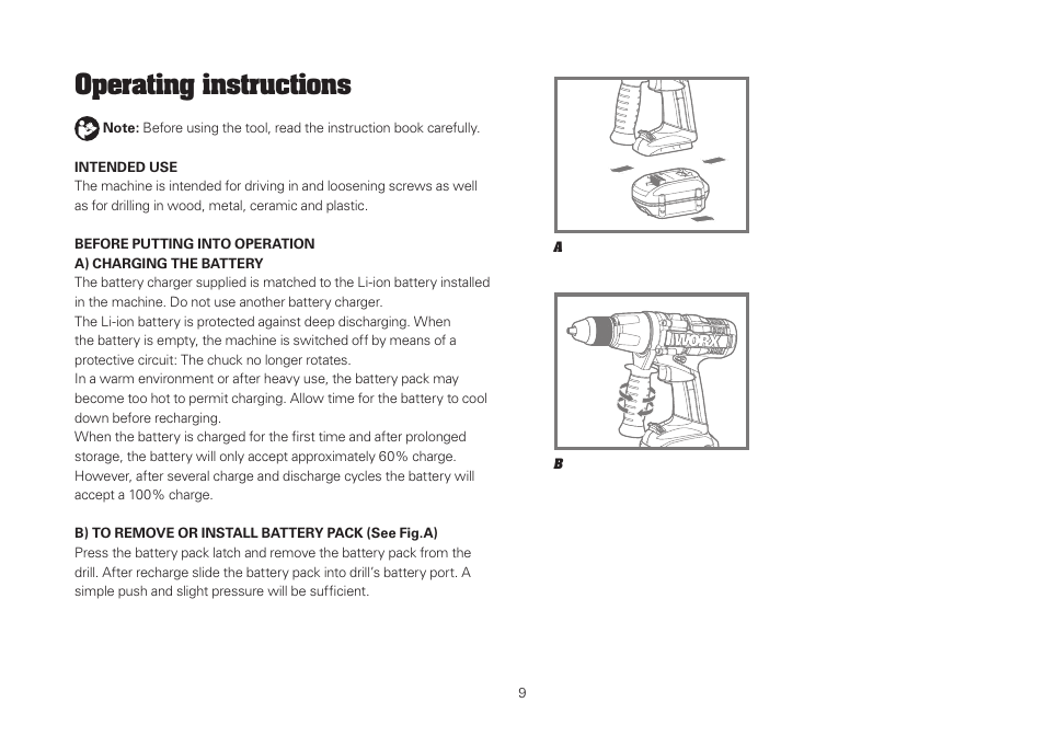 Operating instructions | WORX WU370 18V 2.6 Ah Lithium Ion Cordless Hammer Drill User Manual | Page 9 / 16