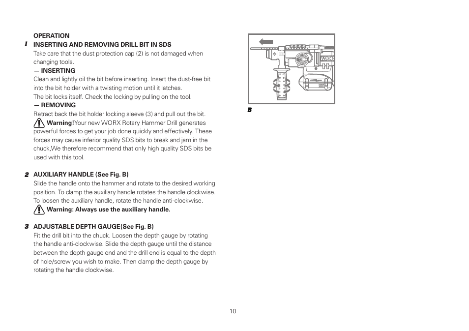 WORX WU381 18V 2.6 Ah Lithium Ion SDS Plus Cordless Rotary Hammer Drill User Manual | Page 10 / 18