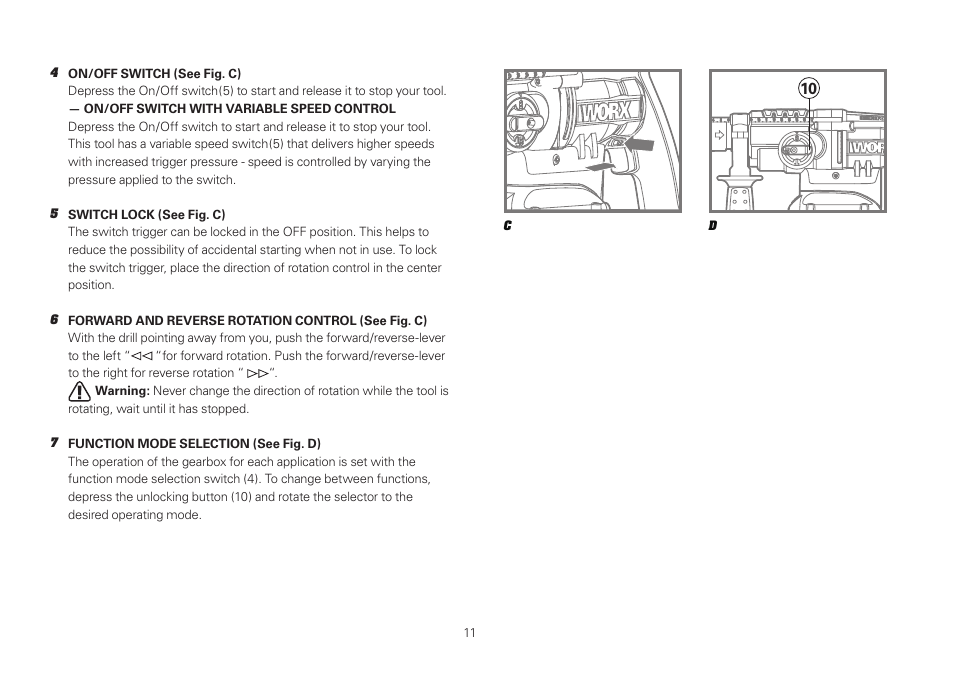 WORX WU381 18V 2.6 Ah Lithium Ion SDS Plus Cordless Rotary Hammer Drill User Manual | Page 11 / 18