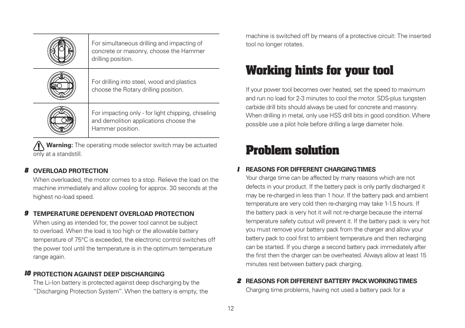 Working hints for your tool, Problem solution | WORX WU381 18V 2.6 Ah Lithium Ion SDS Plus Cordless Rotary Hammer Drill User Manual | Page 12 / 18