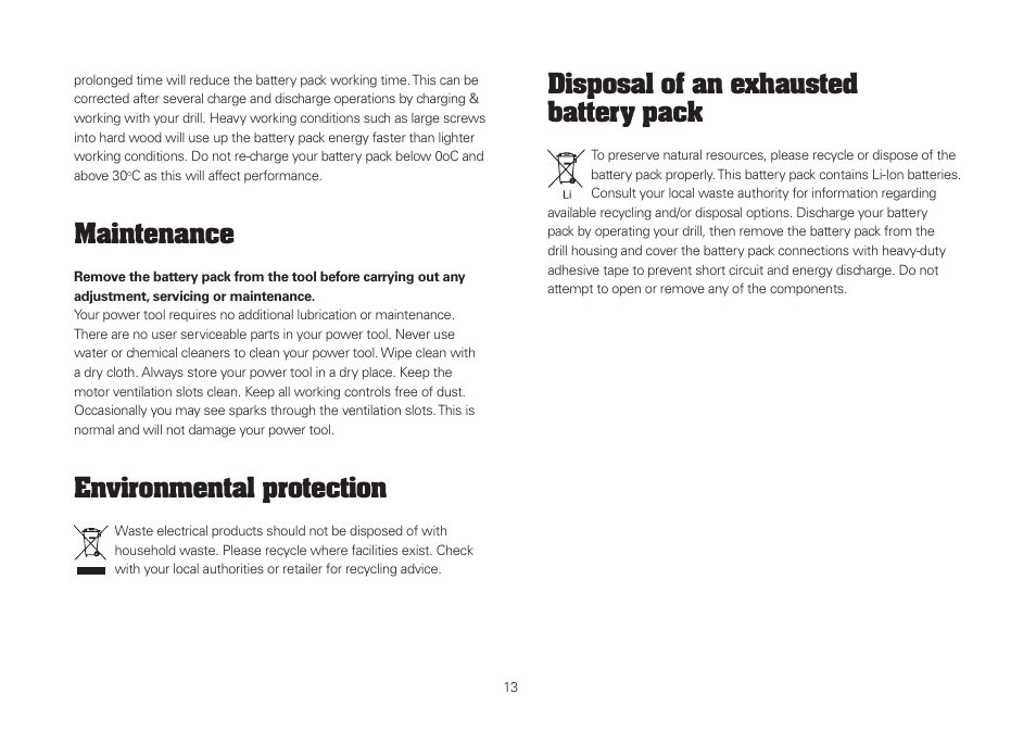 Maintenance, Environmental protection, Disposal of an exhausted battery pack | WORX WU381 18V 2.6 Ah Lithium Ion SDS Plus Cordless Rotary Hammer Drill User Manual | Page 13 / 18