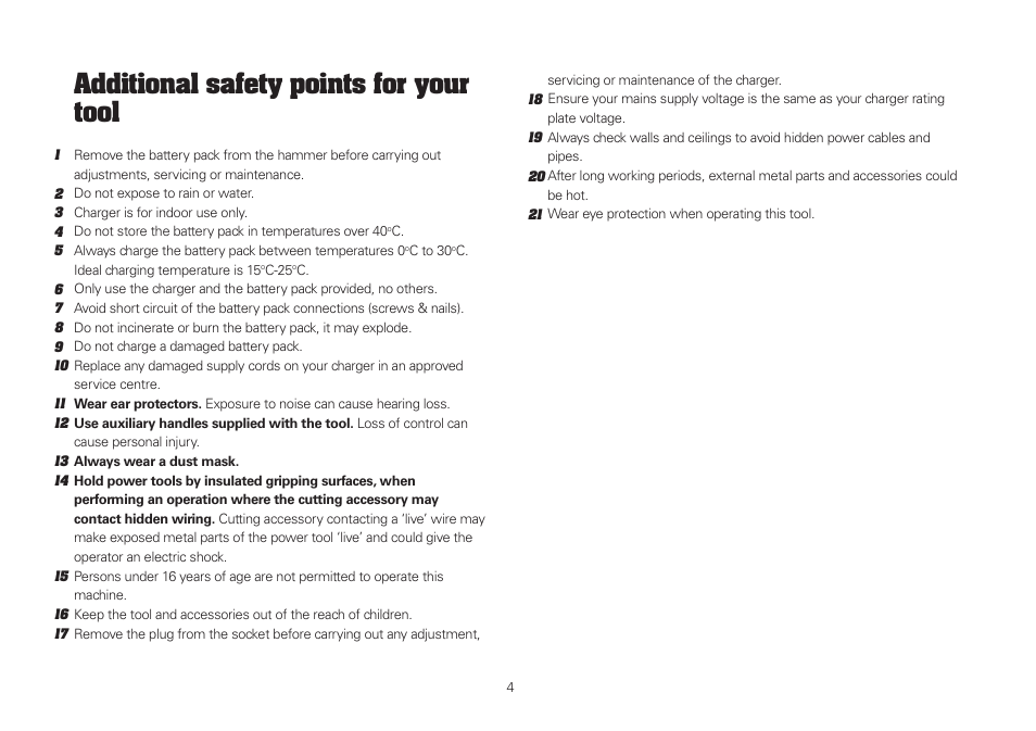 Additional safety points for your tool | WORX WU381 18V 2.6 Ah Lithium Ion SDS Plus Cordless Rotary Hammer Drill User Manual | Page 4 / 18