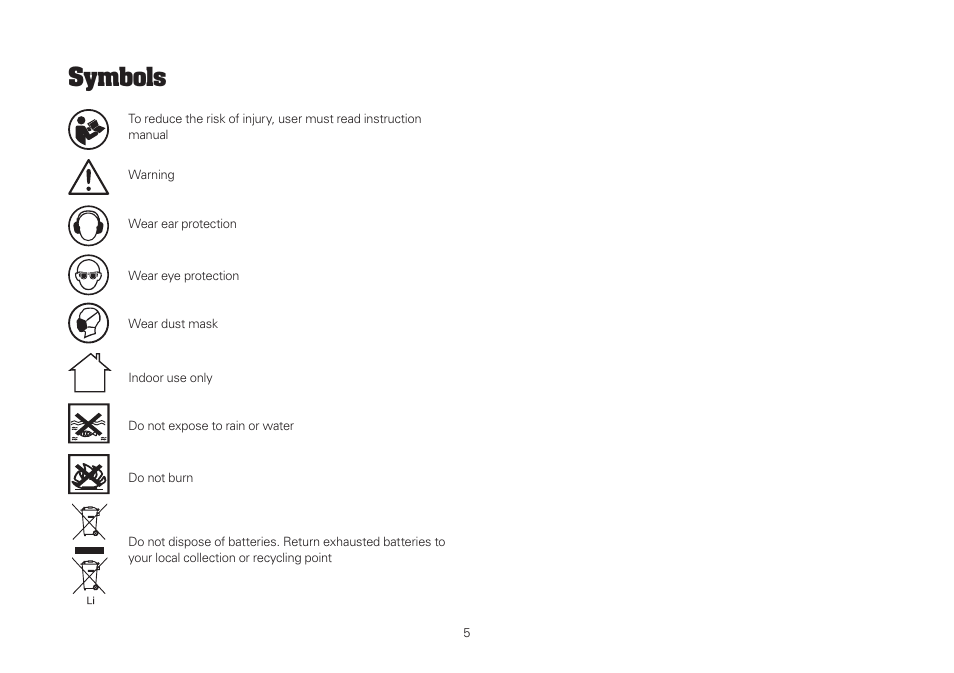 Symbols | WORX WU381 18V 2.6 Ah Lithium Ion SDS Plus Cordless Rotary Hammer Drill User Manual | Page 5 / 18