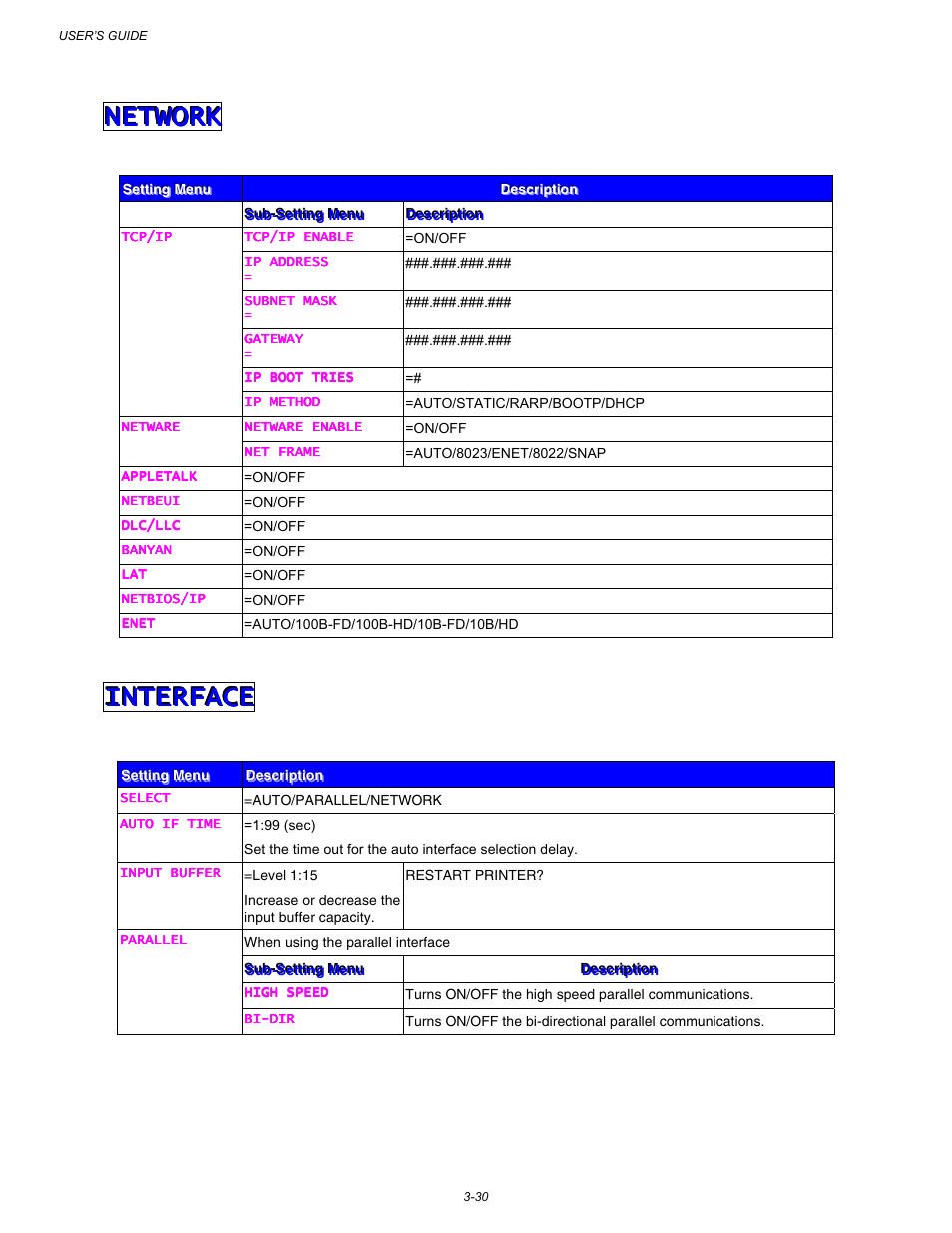Network, Interface, For further information, see | Chapter 3, For further information, see chapter 3 | Brother HL-3260N User Manual | Page 114 / 276