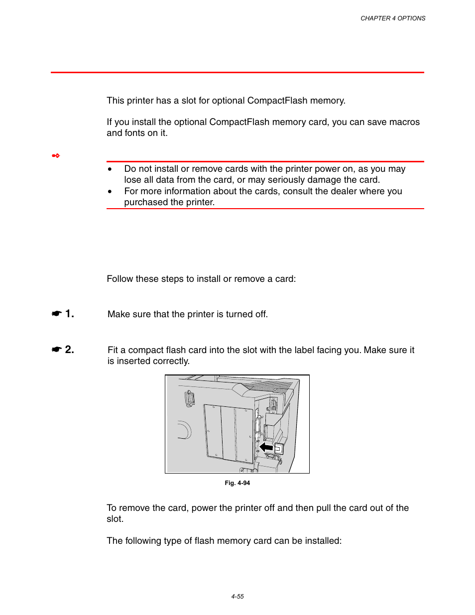 Compactflash card, Installing a compactflash card, Installing a compactflash card -55 | See compact flash card in chapter 4 | Brother HL-3260N User Manual | Page 178 / 276