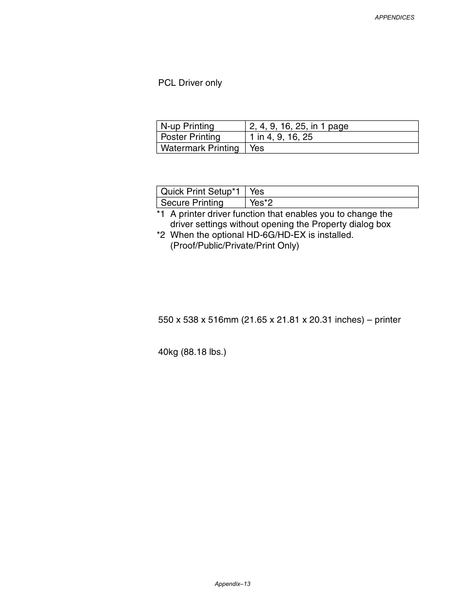 Printer driver functions, Dimensions / weight | Brother HL-3260N User Manual | Page 255 / 276