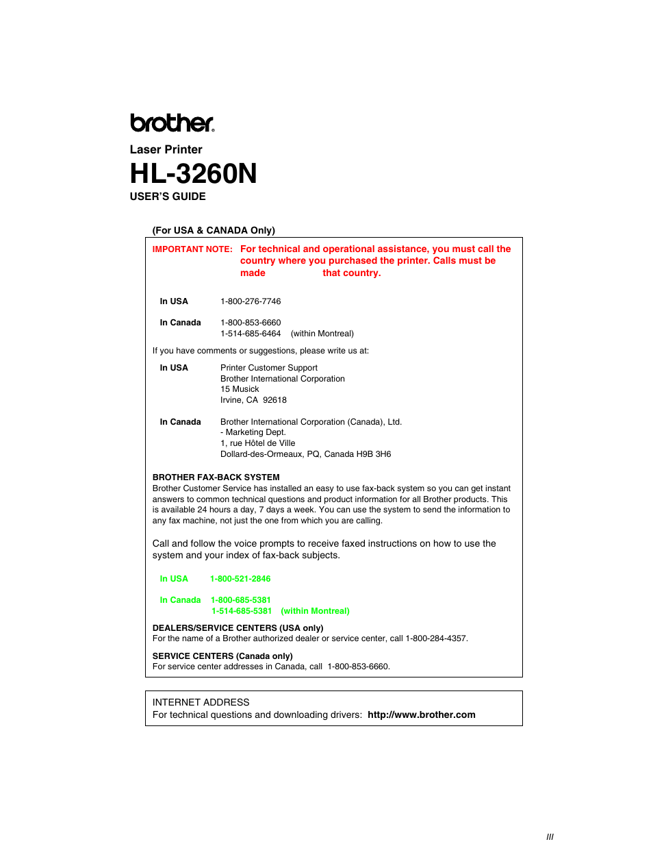 Hl-3260n | Brother HL-3260N User Manual | Page 3 / 276