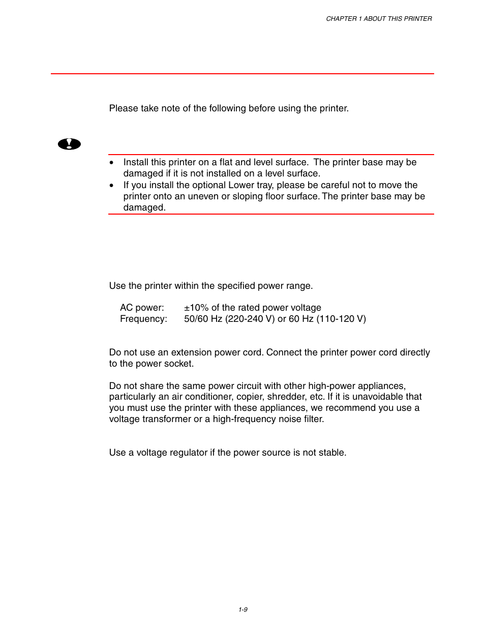 Positioning the printer, Power supply, Power supply -9 | Brother HL-3260N User Manual | Page 33 / 276
