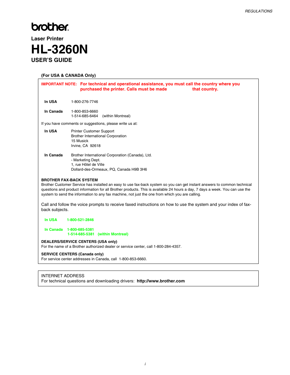 Hl-3260n, User’s guide | Brother HL-3260N User Manual | Page 5 / 276
