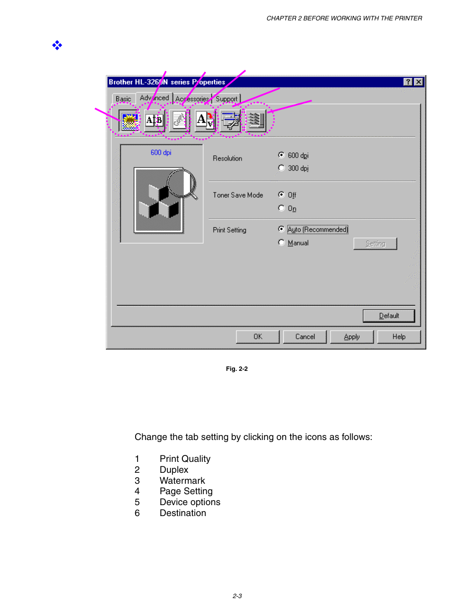 Advanced tab, Tab selection | Brother HL-3260N User Manual | Page 62 / 276