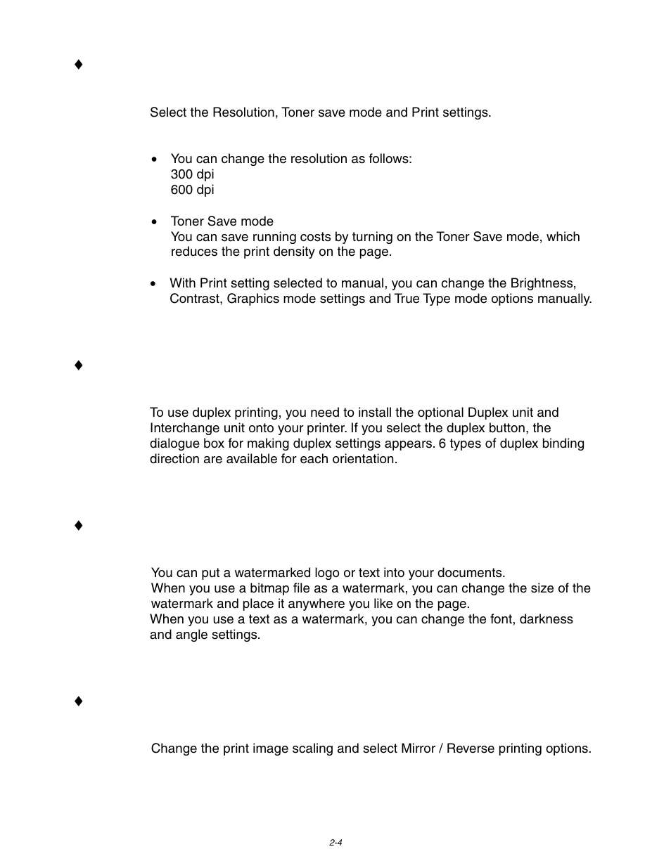 Print quality settings, Duplex function, Watermark | Page setting | Brother HL-3260N User Manual | Page 63 / 276