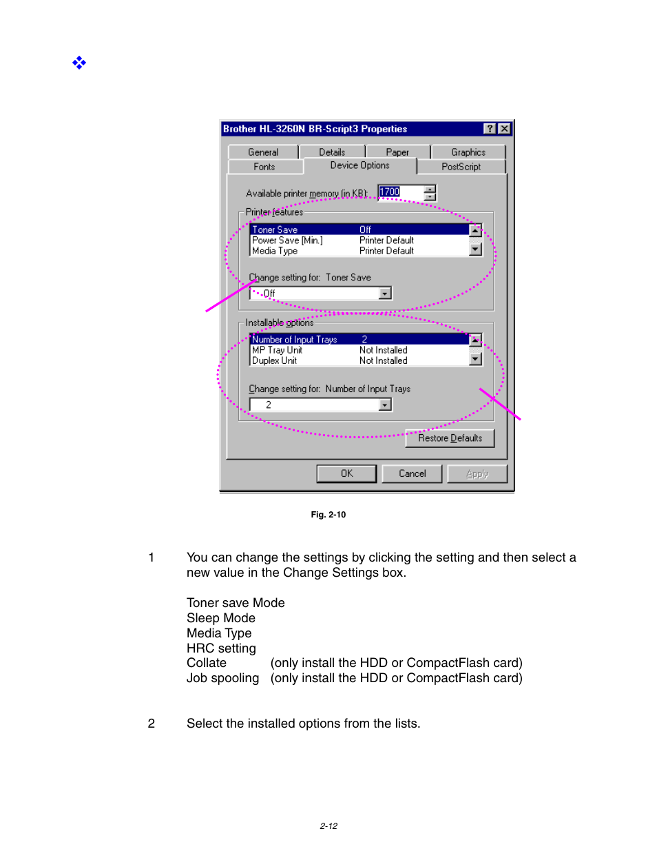 Device options | Brother HL-3260N User Manual | Page 71 / 276
