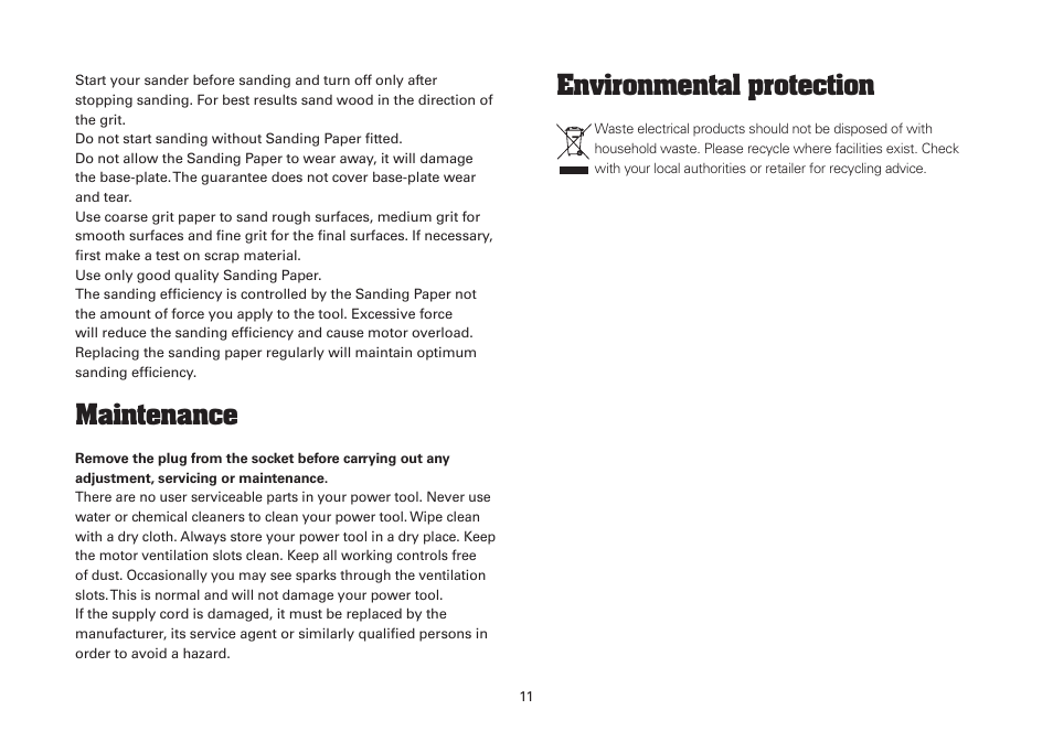 Maintenance, Environmental protection | WORX WU645.1 210W Palm Sander 240V User Manual | Page 11 / 16