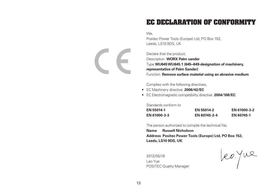 Ec declaration of conformity | WORX WU645.1 210W Palm Sander 240V User Manual | Page 13 / 16