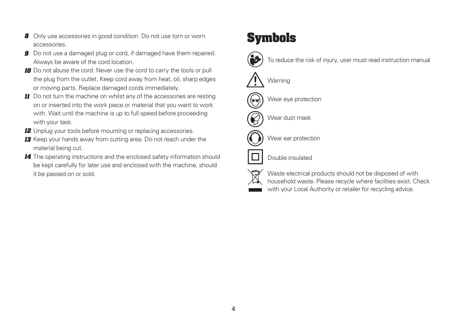 Symbols | WORX WU645.1 210W Palm Sander 240V User Manual | Page 4 / 16