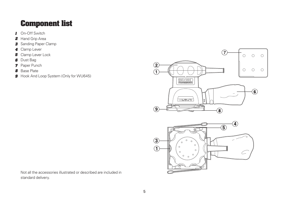 Component list | WORX WU645.1 210W Palm Sander 240V User Manual | Page 5 / 16