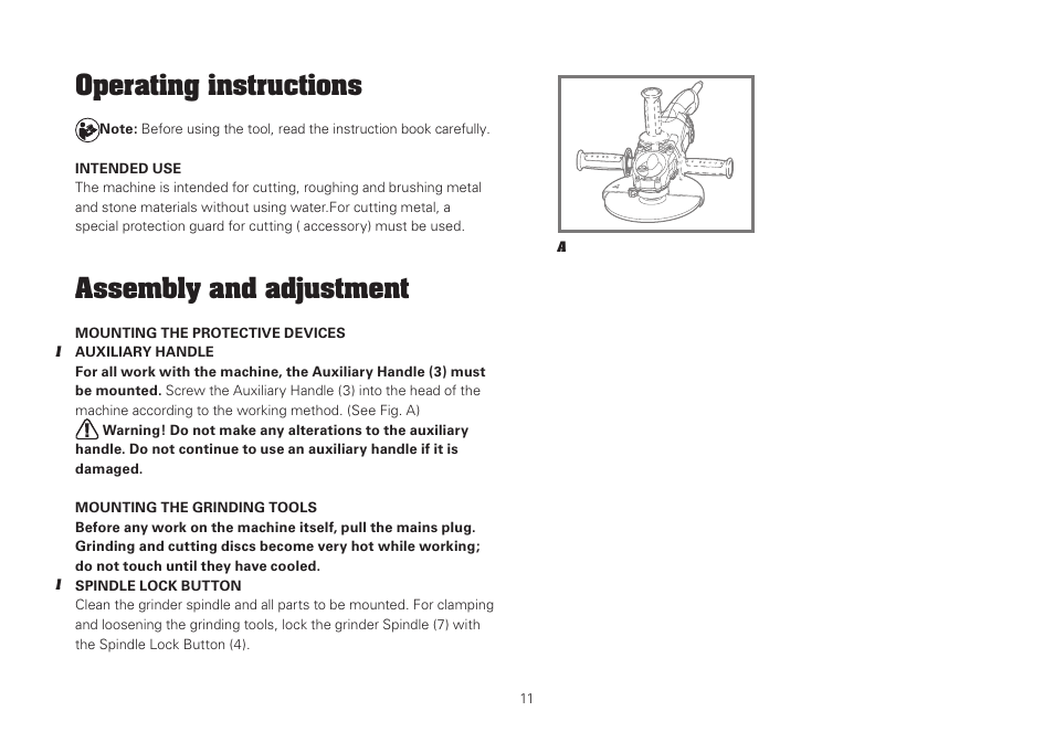 Operating instructions, Assembly and adjustment | WORX WU743 230mm 2000W Angle Grinder 240V User Manual | Page 11 / 20