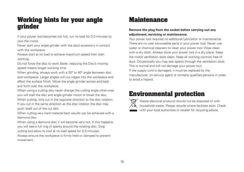 Working hints for your angle grinder, Maintenance, Environmental protection | WORX WU743 230mm 2000W Angle Grinder 240V User Manual | Page 16 / 20