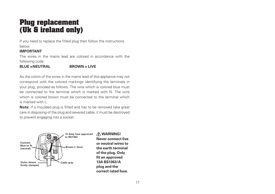 Plug replacement (uk & ireland only) | WORX WU743 230mm 2000W Angle Grinder 240V User Manual | Page 17 / 20