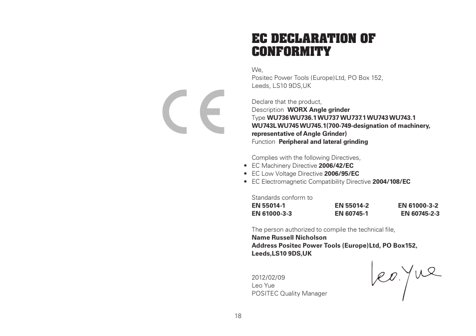 Ec declaration of conformity | WORX WU743 230mm 2000W Angle Grinder 240V User Manual | Page 18 / 20