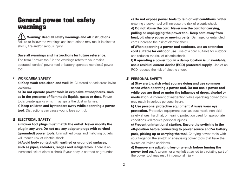 General power tool safety warnings | WORX WU743 230mm 2000W Angle Grinder 240V User Manual | Page 2 / 20