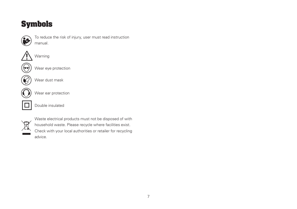 Symbols | WORX WU743 230mm 2000W Angle Grinder 240V User Manual | Page 7 / 20
