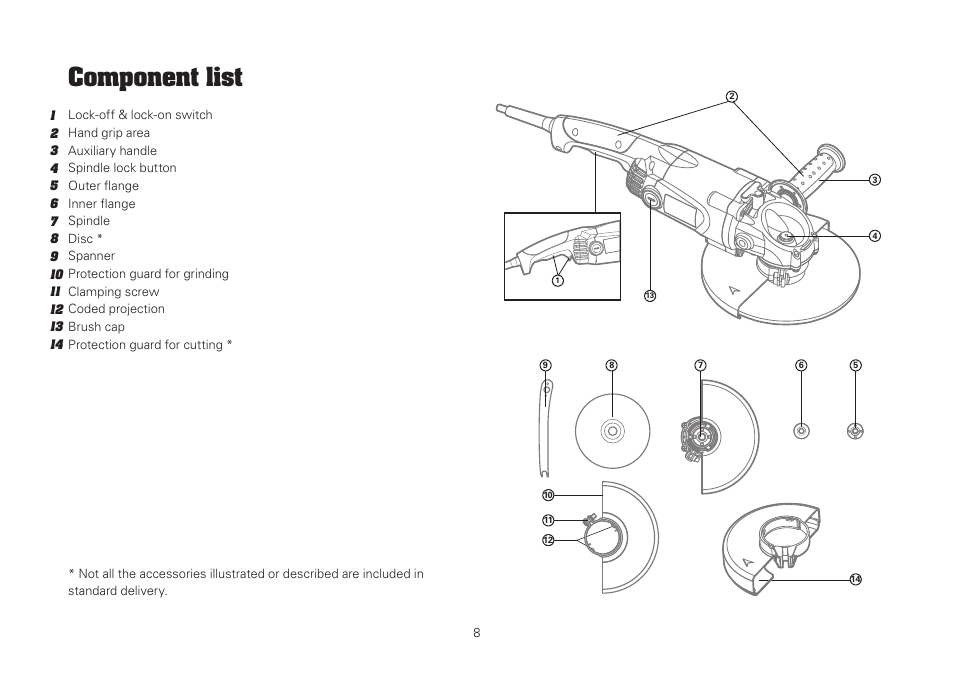 Component list | WORX WU743 230mm 2000W Angle Grinder 240V User Manual | Page 8 / 20