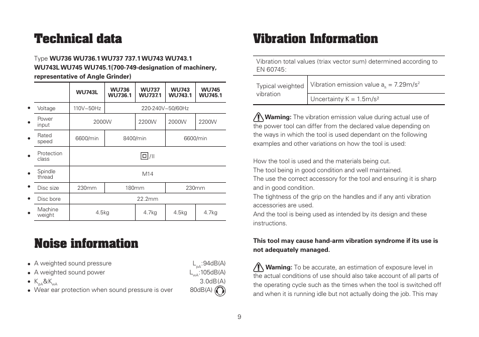 Technical data, Noise information, Vibration information | WORX WU743 230mm 2000W Angle Grinder 240V User Manual | Page 9 / 20