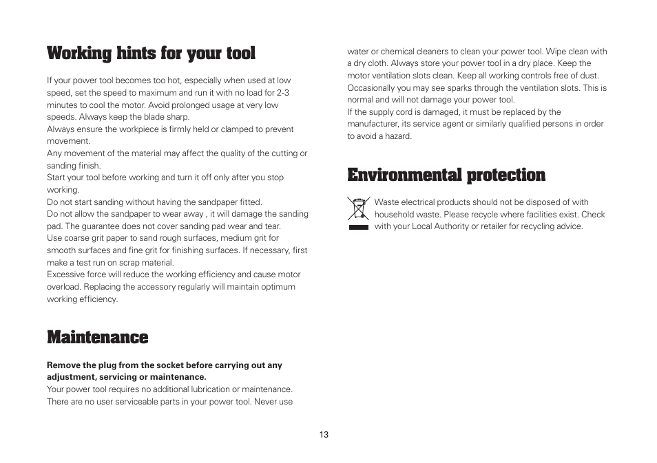 Working hints for your tool, Maintenance, Environmental protection | WORX WU670L 250W Sonicrafter 110V User Manual | Page 13 / 16