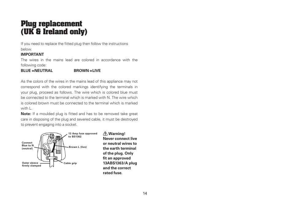 Plug replacement (uk & ireland only) | WORX WU670L 250W Sonicrafter 110V User Manual | Page 14 / 16