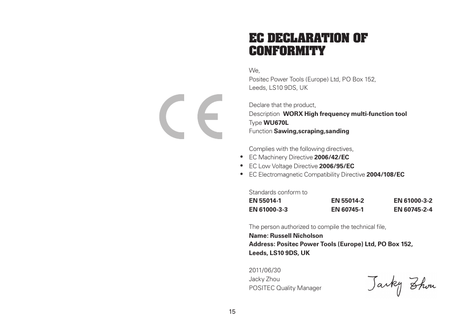 Ec declaration of conformity | WORX WU670L 250W Sonicrafter 110V User Manual | Page 15 / 16