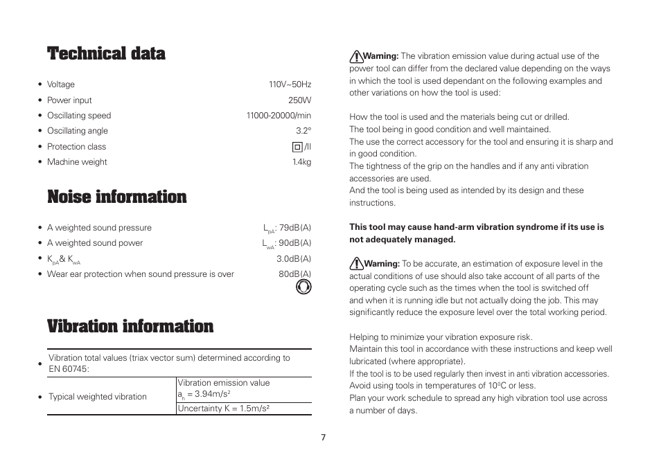 Technical data, Noise information, Vibration information | WORX WU670L 250W Sonicrafter 110V User Manual | Page 7 / 16