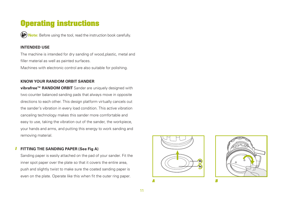 Operating instructions | WORX WU651 300W vibrafree Rotary Sander 125mm 240V User Manual | Page 11 / 20