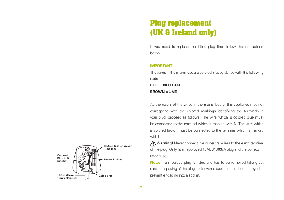 Plug replacement (uk & ireland only) | WORX WU651 300W vibrafree Rotary Sander 125mm 240V User Manual | Page 17 / 20