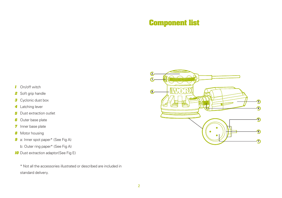 Component list | WORX WU651 300W vibrafree Rotary Sander 125mm 240V User Manual | Page 2 / 20