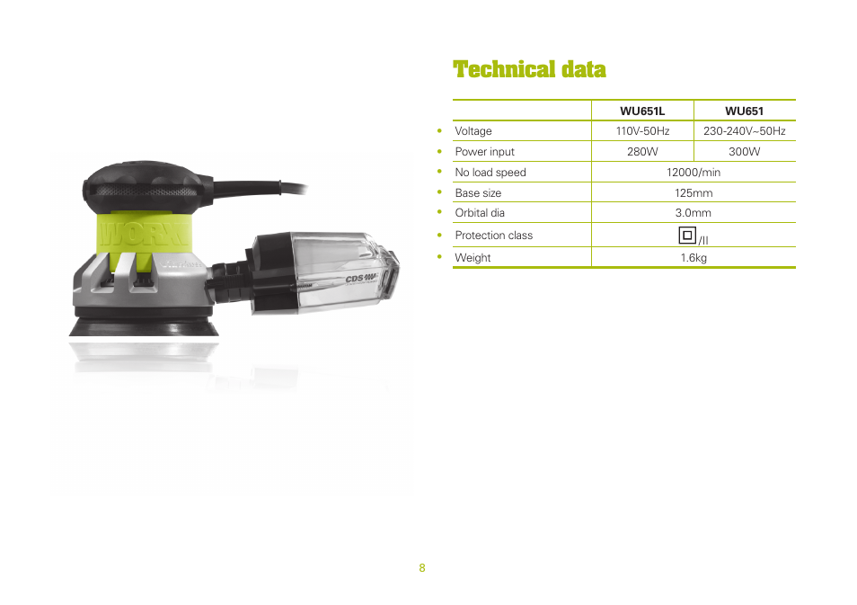 Technical data | WORX WU651 300W vibrafree Rotary Sander 125mm 240V User Manual | Page 8 / 20