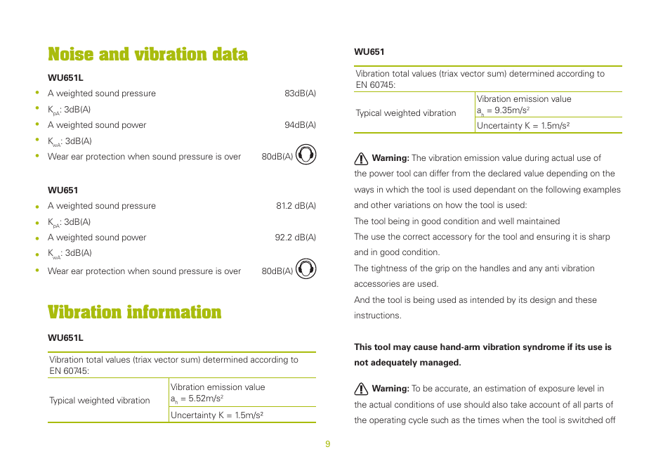 Noise and vibration data, Vibration information | WORX WU651 300W vibrafree Rotary Sander 125mm 240V User Manual | Page 9 / 20