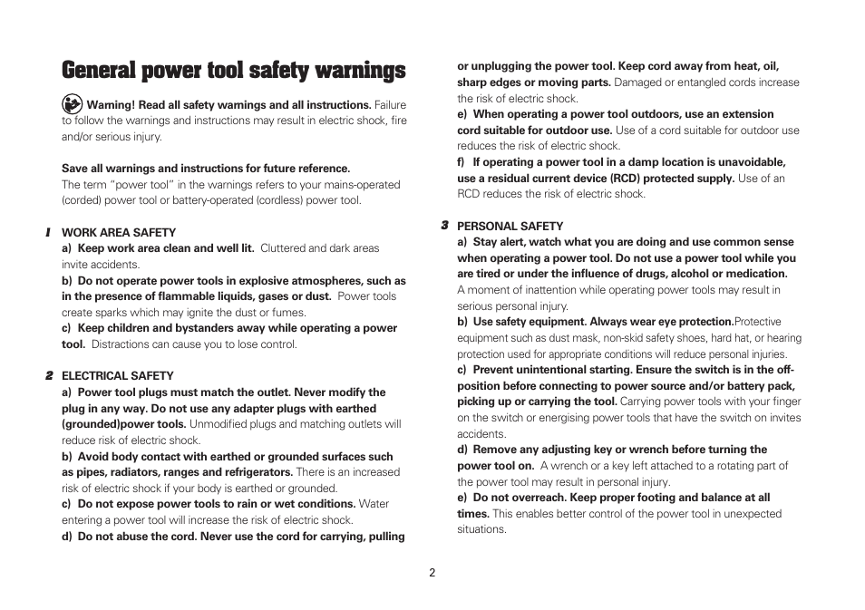 General power tool safety warnings | WORX WU644 300W 1/3 Sheet Finishing Sander 240V User Manual | Page 2 / 16