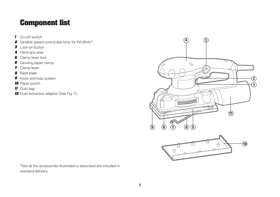 Component list | WORX WU644 300W 1/3 Sheet Finishing Sander 240V User Manual | Page 6 / 16