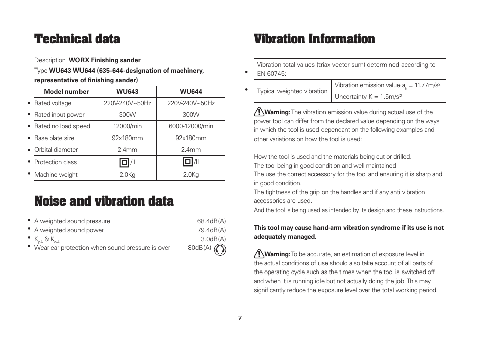 Technical data, Noise and vibration data, Vibration information | WORX WU644 300W 1/3 Sheet Finishing Sander 240V User Manual | Page 7 / 16