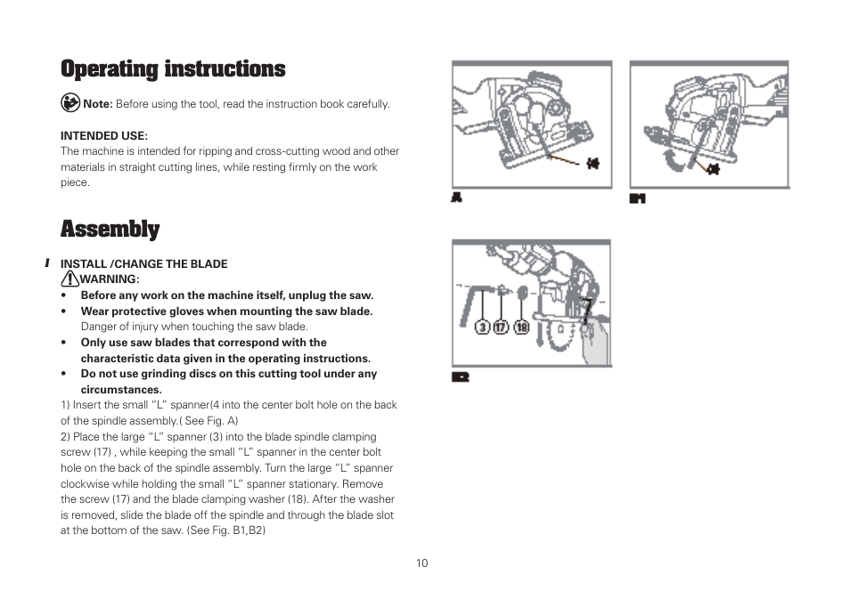 Operating instructions, Assembly | WORX WU420 400W VERSACUT Saw User Manual | Page 10 / 24