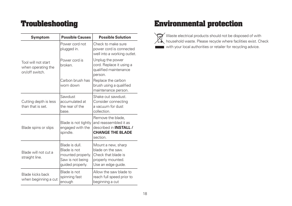 Troubleshooting, Environmental protection | WORX WU420 400W VERSACUT Saw User Manual | Page 18 / 24