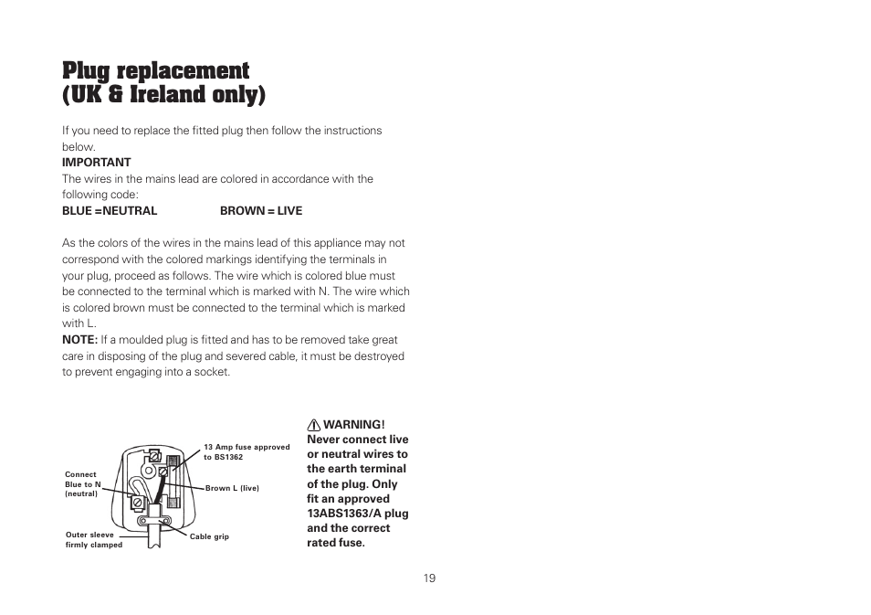 Plug replacement (uk & ireland only) | WORX WU420 400W VERSACUT Saw User Manual | Page 19 / 24