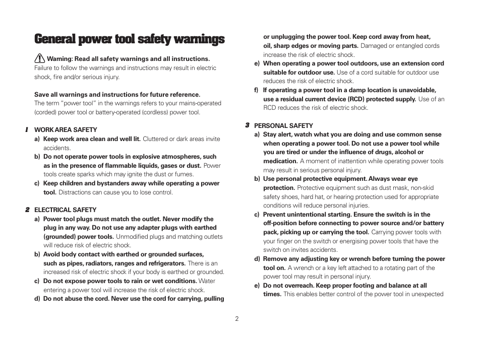 General power tool safety warnings | WORX WU420 400W VERSACUT Saw User Manual | Page 2 / 24