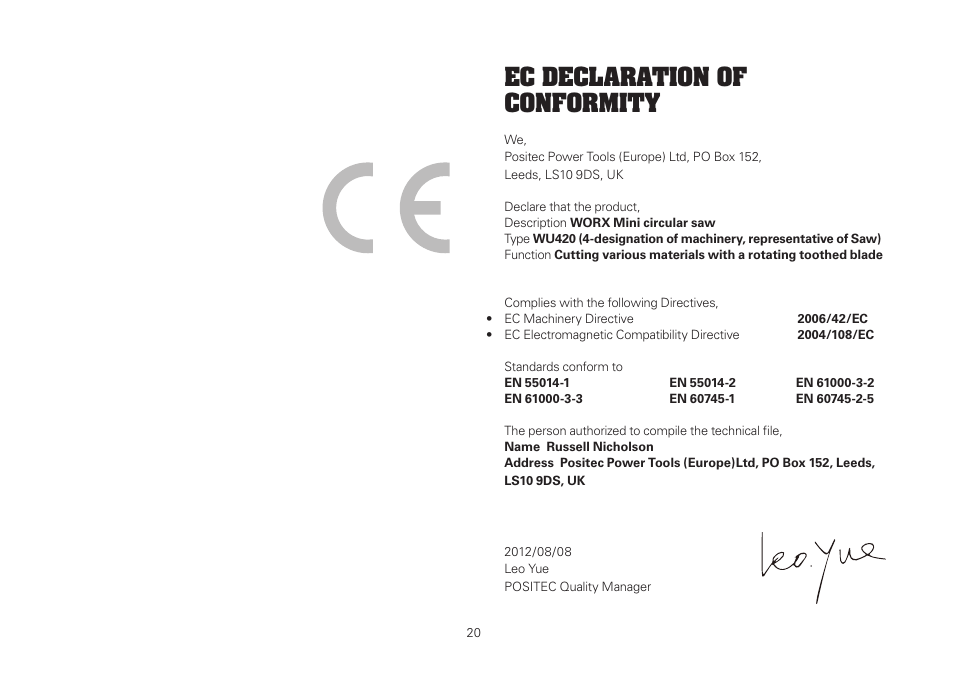 Ec declaration of conformity | WORX WU420 400W VERSACUT Saw User Manual | Page 20 / 24